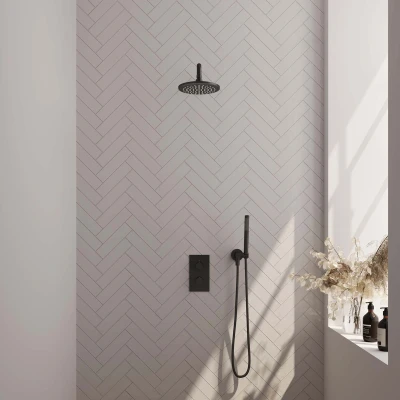 Afbeelding van Brauer Black Edition Regendoucheset inbouw hoofddouche 20cm gladde knop handdouche Staaf 1 stand mat zwart Minimalistisch design