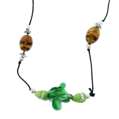 Afbeelding van Behave Lange ketting van zwart touw met groene en bruine glaskralen