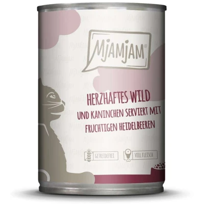Afbeelding van MjAMjAM Premium natvoer voor katten stevig wild &amp; konijn op fruitige bosbessen, 1 verpakking (1 x 400 g), graanvrij met extra veel vlees