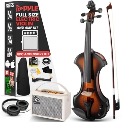 Afbeelding van Pyle 4/4 Stille Elektrische Viool met Versterker Kit Massief Houten 10W en Complete Accessoires Volledige Maat Orkest Strijkinstrument voor Beginners Professioneel Gebruik