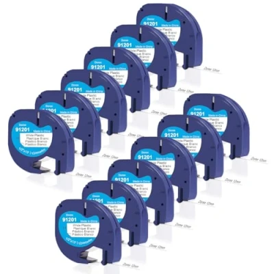 Afbeelding van Doree 91221/91201 Plastic labeltape (verpakking van 12), 12 mm x 4 m, zwart op wit, zeer waterdichte kunststof Letratag tape, compatibel met Dymo LT 100H, 100T, XR, 200B