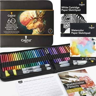 Afbeelding van Castle Art Supplies 60 delige set houtvrije aquarelstiften, 48 stabiele, hoogwaardig gepigmenteerde stiften plus extra&#039;s, volledige kern, geen hout, voor professionals, beginners, kleurkunstenaars