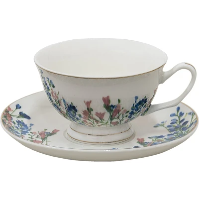 Afbeelding van Clayre &amp; Eef Kop en schotel 250 ml Blauw Wit Porselein Bloemen Servies