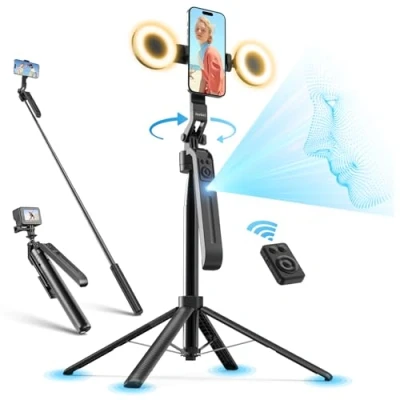 Afbeelding van Jeebel Gezicht Volgen Statief 180cm Uitschuifbaar Selfie Pole met LED Licht/Gebarenbesturing/Remote Besturing/NO App/360Draaibaar Gimbal Stabilisator voor Telefon Actie Cam DSLR Video Live Vlog