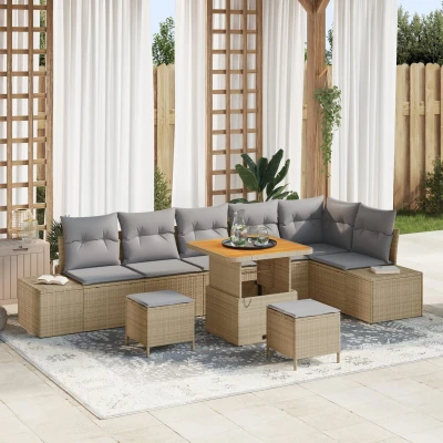 Afbeelding van vidaXL 9 delige Tuin Sofa Set met Kussens Beige Poly Riet Acacia, 2 zits Riet, 3 Eetset Acacia
