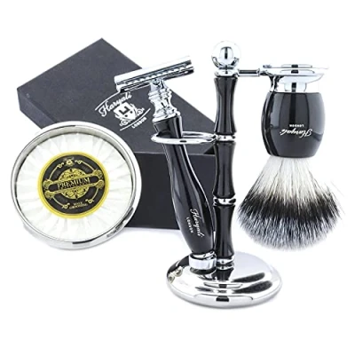 Afbeelding van Haryali London Scheerset, 5 delige scheerset voor mannen, synthetische scheerborstel, veiligheidsscheermes, scheerzeep, scheerschaal, scheerstandaard, beste cadeau mannen