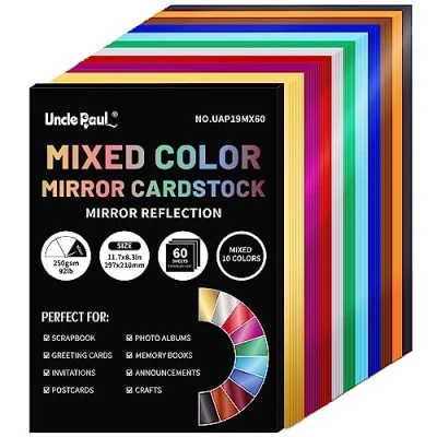 Afbeelding van Uncle Paul A4 Gemengde Kleur Spiegel Cardstock Papier, 60 Vellen 10 Kleuren 250gsm/92Ib Metallic Reflecterend Papier voor Ambachten DIY Projecten Kaarten Maken Party Decoratie UAP19MX60