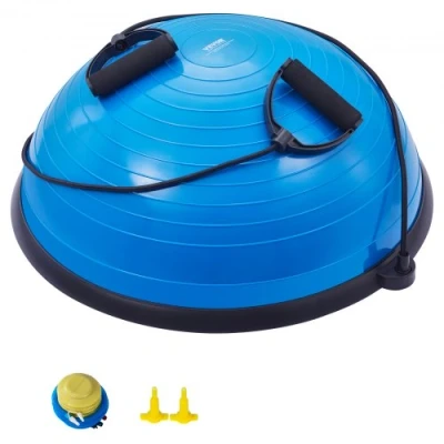 Afbeelding van VEVOR Halve fitnessbal 62 cm, evenwichtsbal, capaciteit 300 kg, balansstation met weerstandsband en voetpomp, complete lichaamstraining, thuis, sportschool, gymnastiek, blauw