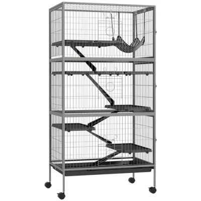 Afbeelding van Pawhut Knaagdierkooi, multifunctioneel, 4 platforms, 3 hellingen, deuren, afmetingen: 80 x 52 159 cm, staal, zilvergrijs, zwart