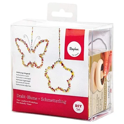 Afbeelding van Rayher Knutselpakket draadmallen met parels, 4 draadhangers bloem en vlinder, kleurrijke glazen kralenmix, draad, parelmolen, 24098000