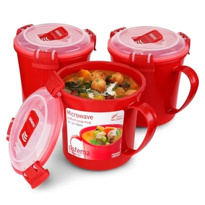 Afbeelding van Sistema Magnetron Soep Mokken Voedsel Containers met Stoomafgifte Ventilatie 656 ml BPA vrij Recyclebaar TerraCycle® Rood 3 Count