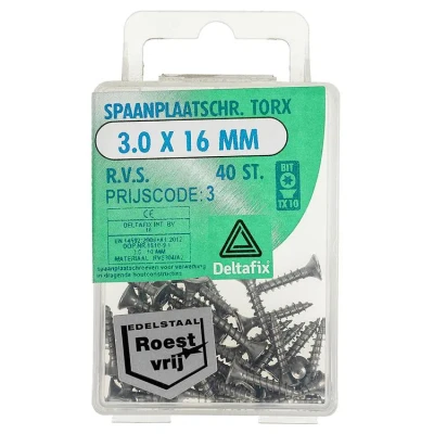 Afbeelding van Deltafix spaanplaatschroef platkop / torx r.v.s. a2 3.0 x 16 mm 40 st.