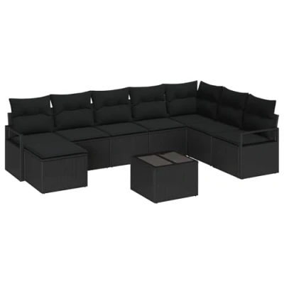 Afbeelding van vidaXL 9 delige Tuin Sofa Set met Kussens Beige Poly Rattan, 2 Zits Zwart Rattan