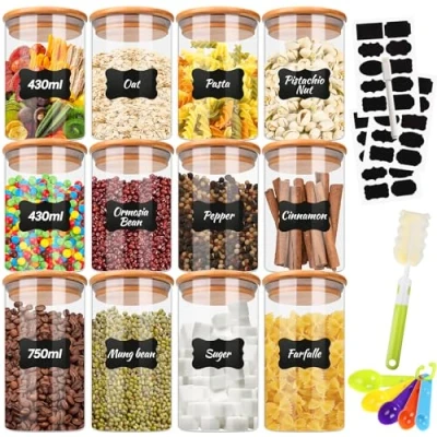 Afbeelding van TEGOVE Voorraadpotten,Voorraadpotten met deksel,set van 12 stuks,8x 430 ml, 4x 750 ml,voorraadpotten borosilicaatglas,met Bamboe Deksel voor Pasta Noedels Meel Granen Rijst Suiker Thee