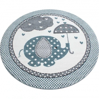 Afbeelding van Rond Kindervloerkleed Anna Olifant Paraplu Blauw Ø 160cm Adana Carpets