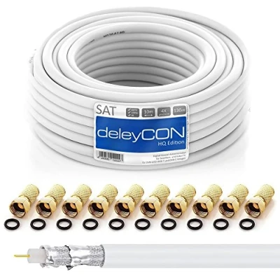 Afbeelding van deleyCON HQ 10m SAT Coaxiale Kabel 130dB 4 Voudig Afgeschermd voor DVB S S2 T en C Binnengeleider van Staal/Koper 4K 1080p Full HD HDTV Incl. 10x Vergulde F Stekkers