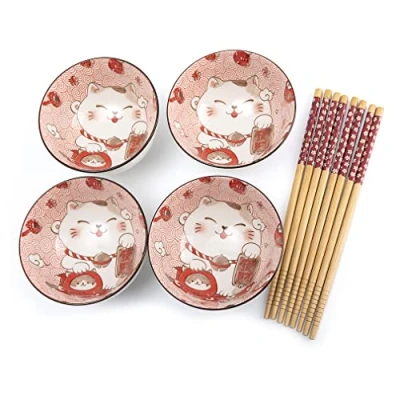 Afbeelding van lachineuse Set van 4 Maneki Neko kommen Rijstkommen, Ontbijt &amp; Soep Japans porseleinen servies Met eetstokjes Geluksbrenger kat Kawaii Japan cadeau Wit Rood