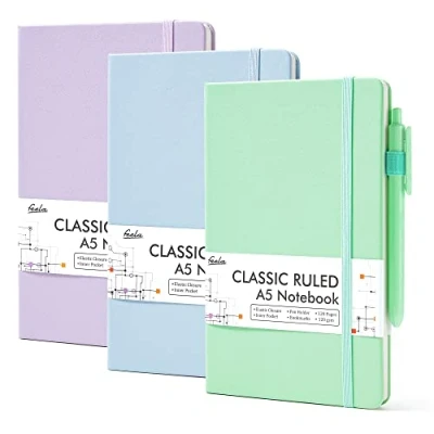 Afbeelding van feela A5 Notebooks Multipack, 3 Pack gelijnd notitieblokken (120 GSM), Hardback Journal Notebook met zwarte gelpennen, 128 pagina&#039;s/pak, 21 x 13 cm, pastelkleuren, lavendel, lichtblauw,