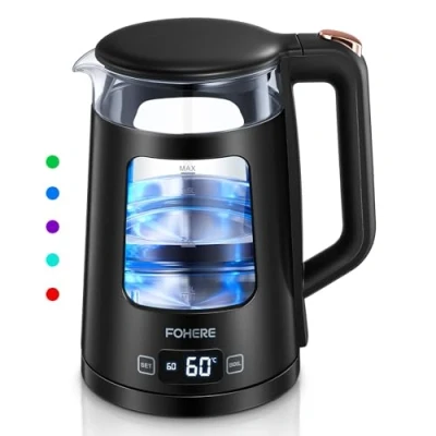 Afbeelding van Elektrische waterkoker met temperatuurinstelling, 1,7 l glazen warmhoudfunctie, 2200 W snel koken, automatische uitschakeling en droogkookbeveiliging, 5 gekleurde lampen, zwart