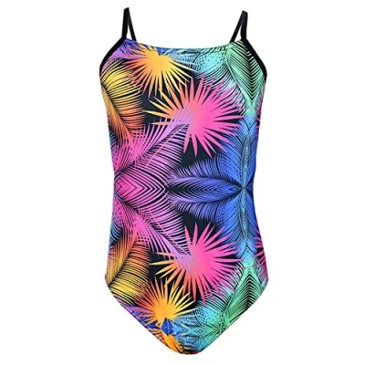 Afbeelding van Aquarti Meisjes Badpak met Spaghettibandjes en Strepen, Hojas de colores/Negro/Rosa/Naranja, 170