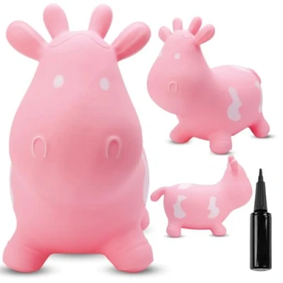 Afbeelding van sun baby Springdier met pomp vanaaf 1 jaar Koe roze max 50kg, duurzaam rubber, gecertificeerd, bpa vrij, springpaard, springhond