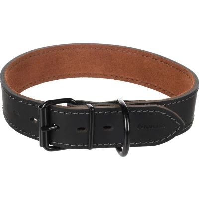 Afbeelding van Flamingo Montana Lederen Halsband, groot, zwart, XXL, 53 63 cm x 40 mm met klinknagels en gesp heeft een zwarte glanzende afwerking