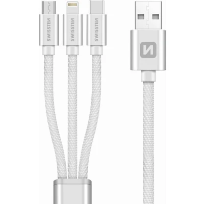 Afbeelding van Swissten 3 in 1 Kabel Micro USB / C Lightning MFI Gecertificeerd 1.2M Zilver