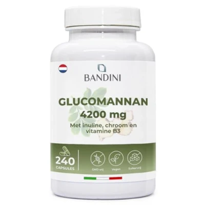 Afbeelding van Bandini® Glucomannaan uit de konjacwortel 4200 mg per dagelijkse dosis 240 capsules Geoptimaliseerd met bacterieculturen, chroom, vitamine B3 en inuline Hooggedoseerd supplement Veganistisch
