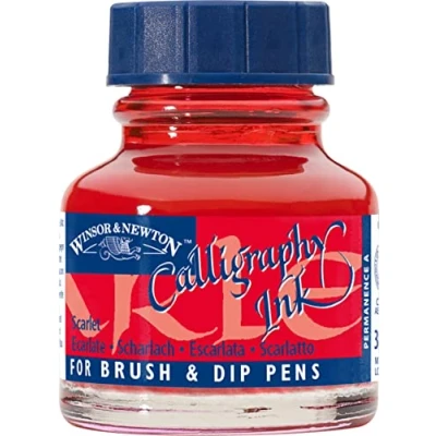 Afbeelding van Winsor &amp; Newton 1111601 Kalligrafie inkt voor vulpennen of kroontjespennen, onderling mengbaar, lichtecht met goede vloei eigenschappen 30ml fles, Scarlet