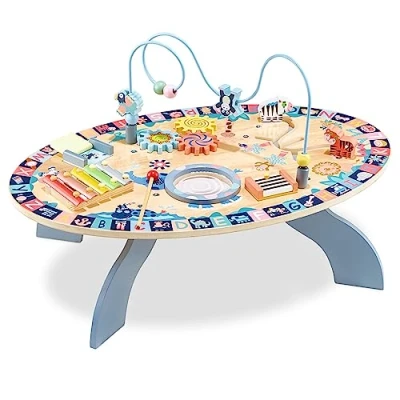 Afbeelding van Mamabrum houten educatieve tafel voor kinderen vanaf 6 maanden, interactieve tafel: bekkens, trommel, labyrint, dieren, bewegende tandwielen, deur, speelgoed kleine
