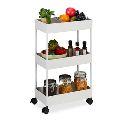 Afbeelding van keukentrolley op wielen 3 etages 65,5 x 40 22 cm serveerwagen wit