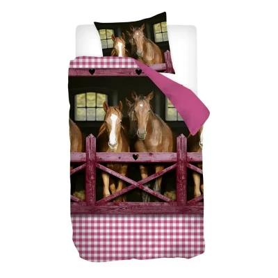 Afbeelding van Snoozing Horses Dekbedovertrek Junior 120x150 cm + 1 kussensloop 60x70 Pink