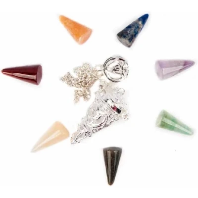 Afbeelding van Pendel OHM verzilverkleurigd 7 chakra halfedelstenen 3.5x1.7 cm