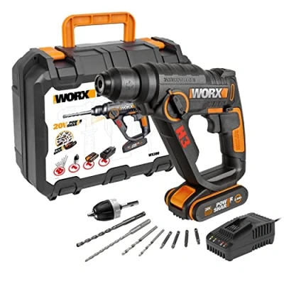 Afbeelding van WORX WX390 Boorhamer SDS plus 20 V boormachine met pneumatisch hamerwerk voor schroeven, boren en hameren, 1,2 joule slagenergie 2,0 Ah Li Ion accu, oplader koffer