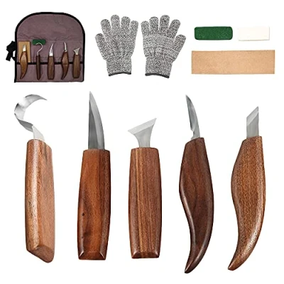 Afbeelding van Houtsnijgereedschapsset, houtsnijmes met slijpstenen, 10 delig, professioneel houtsnijwerk mes gereedschap, snijmessenset voor beginners en professionals, snijbestendige handschoenen