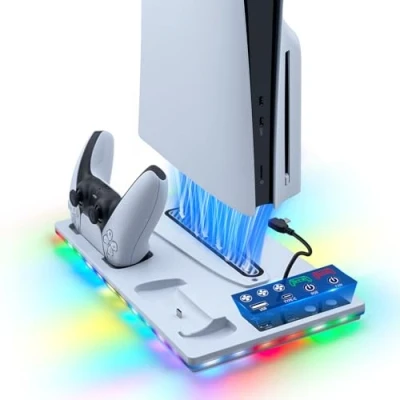 Afbeelding van Tolesum Verticale standaard met koeling voor PS5/PS5 Slim, Dual Controller laadstation 3 standen ventilator/RGB licht PS5 UHD &amp; Digital / Slim Disc