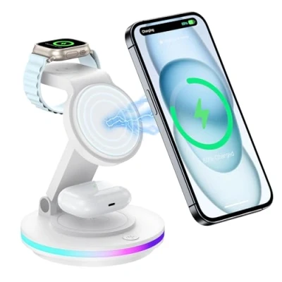 Afbeelding van Mag Safe Oplaadstation, draadloze oplaadstandaard, 3 in 1 opvouwbaar inductief laadstation Apple Watch en 16 15 14, draaibare oplader met nachtlampje