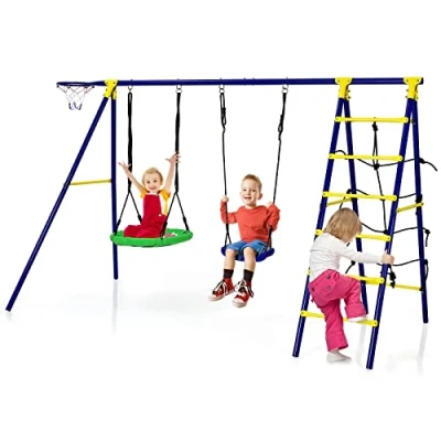 Afbeelding van COSTWAY 5 in 1 schommelset met 2 schommels, basketbalmand, klimnet en klimladder, kinderschommel frame, tuinschommel, schommelframe dubbele schommel voor tuin, erf