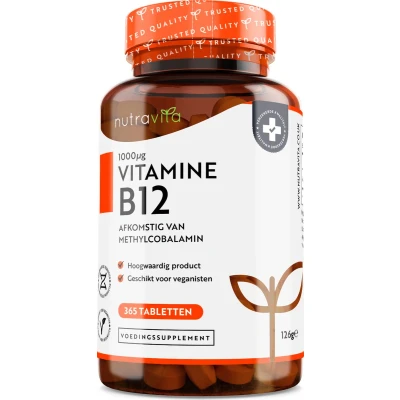 Afbeelding van Vitamine B12 1000 mcg 365 veganistische tabletten met hoge sterkte (1 jaar voorraad) Vitamin supplement Draagt ​​bij aan de vermindering van vermoeidheid en Nutravita