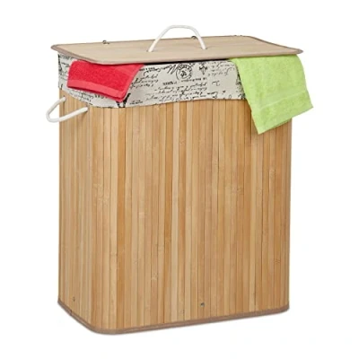 Afbeelding van Relaxdays wasmand bamboe 2 vakken deksel wassorteerder met waszak natuur