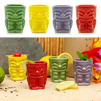 Afbeelding van CKB LTD Keramische Tiki Bar Shotglazen 50ml Pack van 4 Drinken Shooters Nieuwigheid Kleine Spirit Tumblers Ideaal voor Hawaiiaanse partij Gekleurd Keramiek