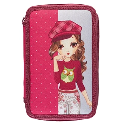 Afbeelding van Idena 20119 Potlodenetui voor leerlingen Triple met 3 vakken rits en gevuld 47 stuks, meisjesdesign, etui gekleurde pennen, liniaal, potloden andere accessoires school
