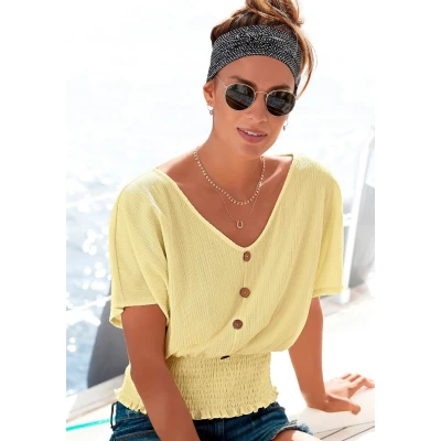 Afbeelding van Lascana Shirt met V hals brede gesmokte zoom en kraag, overhemdblouse, zomers