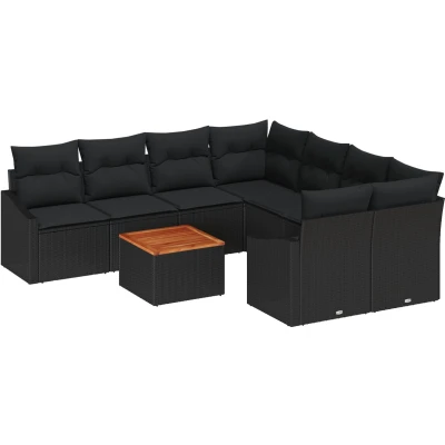 Afbeelding van vidaXL 9 delige tuinsofa set met kussens zwart poly rattan acacia