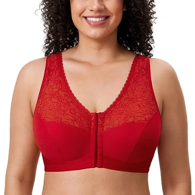 Afbeelding van DELIMIRA Dames volledig dekkende beha Met Voorsluiting Racerback Plus Maat Volledige Dekking Draadloze Bh comfortabele Lace Bh&#039;s Lippenstift rood 90C