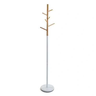 Afbeelding van Versa Malmö Minimalistische stijl kapstok, met 6 kleding of tassenhaken hangers voor in de gang, Afmetingen (H x B H) 171 28 cm, Metaal en hout, Kleur Wit