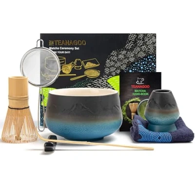 Afbeelding van TEANAGOO Japanse Matcha Set (7st) garde Mtacha Kit kom met schenktuit Bamboe (chasen) schep (chashaku) houder. N23, Navy kleurverloop,
