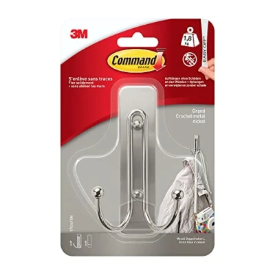 Afbeelding van Command Dubbele haak zelfklevend in geborsteld nikkel, 1 metalen en plakstrip voor het ophangen van tassen, kleding muur, deurhaken, organiseren zonder boren, houdt 1,8 kg