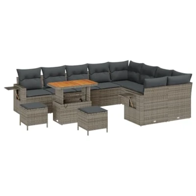 Afbeelding van vidaXL 12 Delige Tuin Sofa Set met Kussens Grijs Poly Rattan Acacia, 3 Eet Acacia