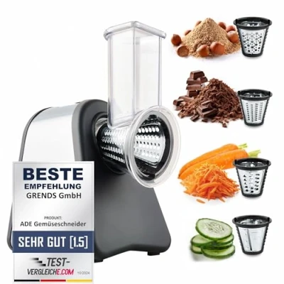 Afbeelding van ADE Elektrische rasp KA1802 keukenrasp (groenterasp, aardappelrasp, kaasrasp, 500 watt vermogen, RVS behuizing, extra scherpe messen) zilver zwart
